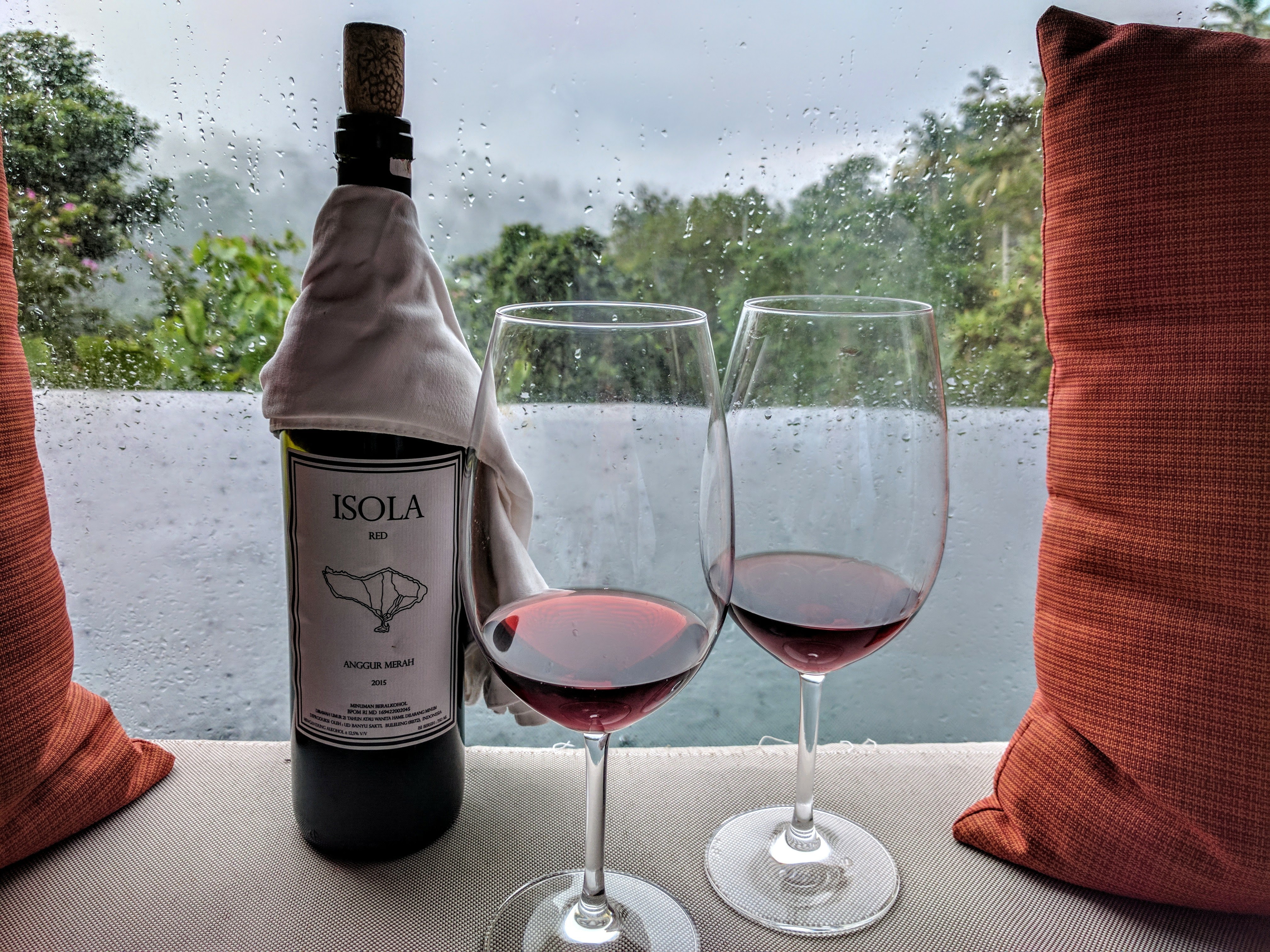 A bottle of red wine and two wine glasses in front of an infinity pool