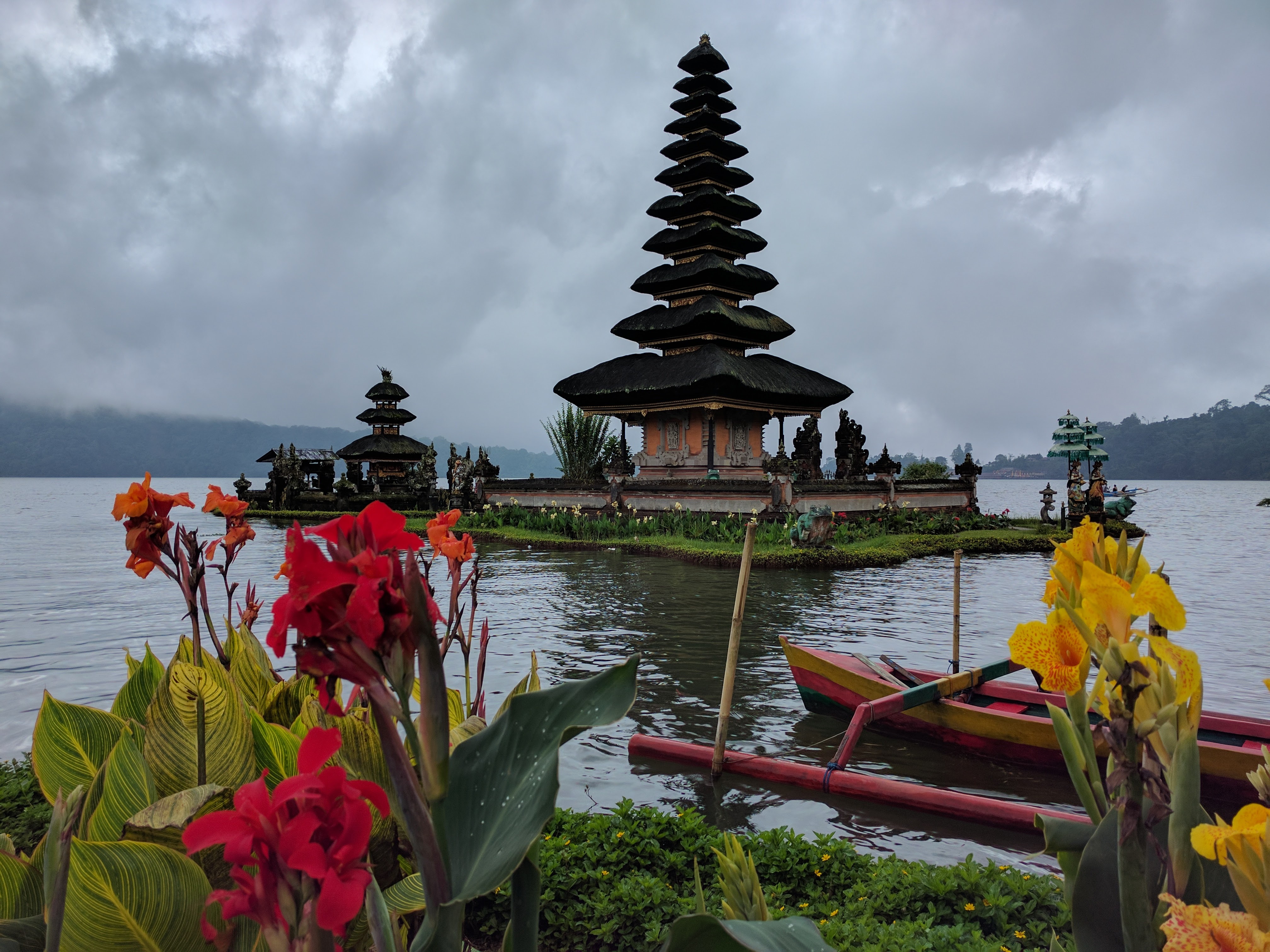 flowers, water and the Pura Ulun Danu Bratan (aka Pura Bratan), a Shaivite water temple